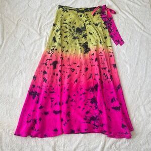 Anna Kosturova Nomad 100% Silk Tie Dye Wrap Skirt Astral Neon Pink Yellow Size L